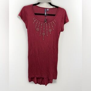 NWT Y2K Vintage Tunic Long T Shirt Rhinestone Studs Burgundy Sz medium Jersey